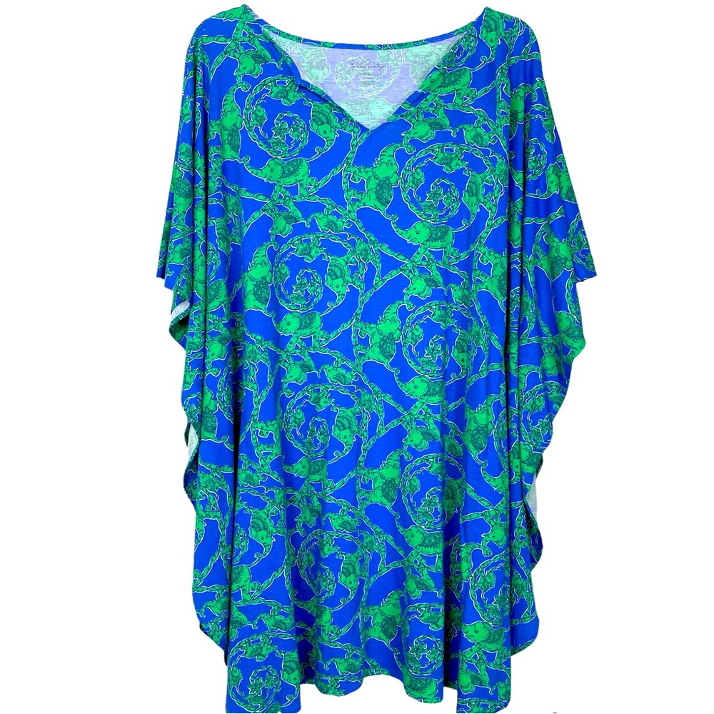 Lilly Pulitzer Stefani Caftan Dress Tunic Blue Green Elephant